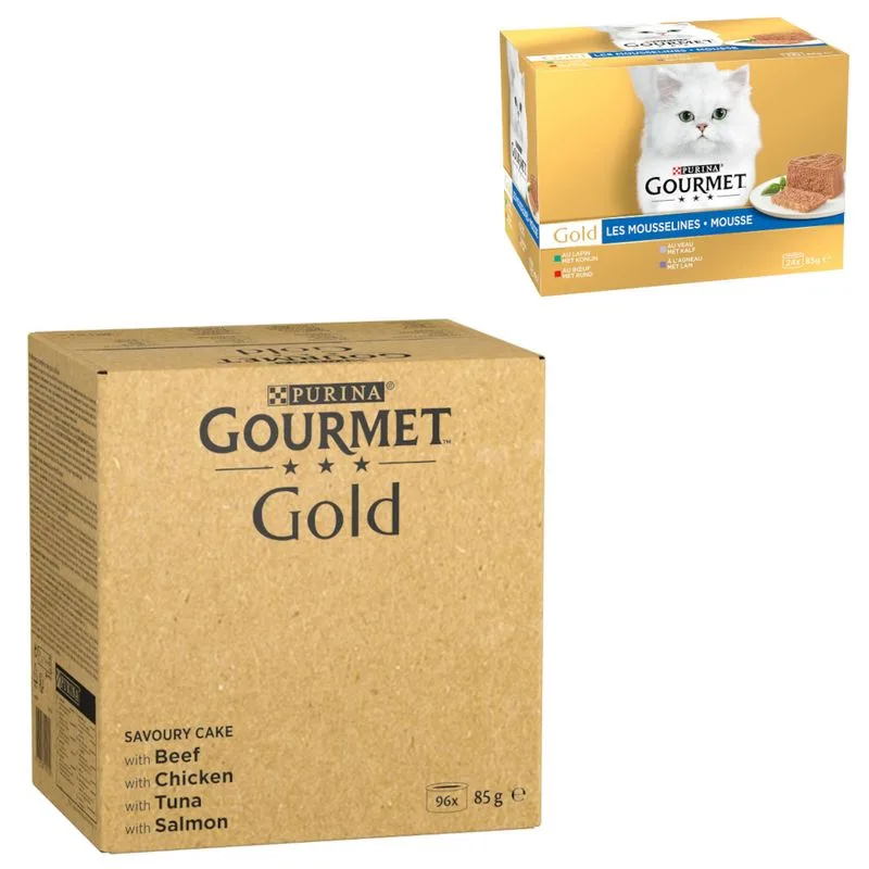 96 x 85 g Gourmet Gold + 24 x 85 g Gourmet Gold Mousse e Paté Umido per gatto gratis! (Tortini: Manzo, Pollo, Tonno, Salmone)