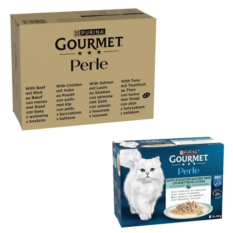 96 x 85 g Purina Gourmet Perle + 12 x 85 g Trancetti di pesce dell'oceano gratis! (Manzo, Pollo, Salmone, Tonno in Salsa)