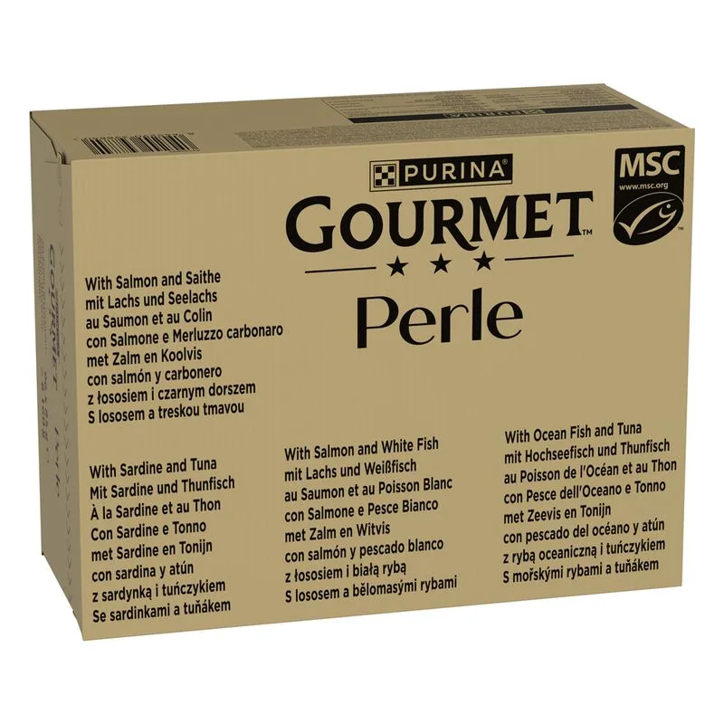 Megapack risparmio! Gourmet Perle 96 x 85 g (Salmone & Pesce bianco, Sardine & Tonno, Salmone & Merluzzo, Pesce dell'oceano & Tonno in Salsa)