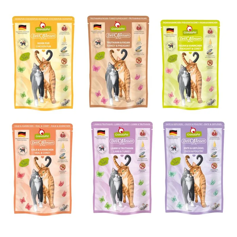 Set prova! 12 x 85 g GranataPet DeliCatessen Buste Umido per gatto (Mix 3 senza pesce: Fagiano, Anatra, Agnello, Vitello, Tacchino, Pollo)
