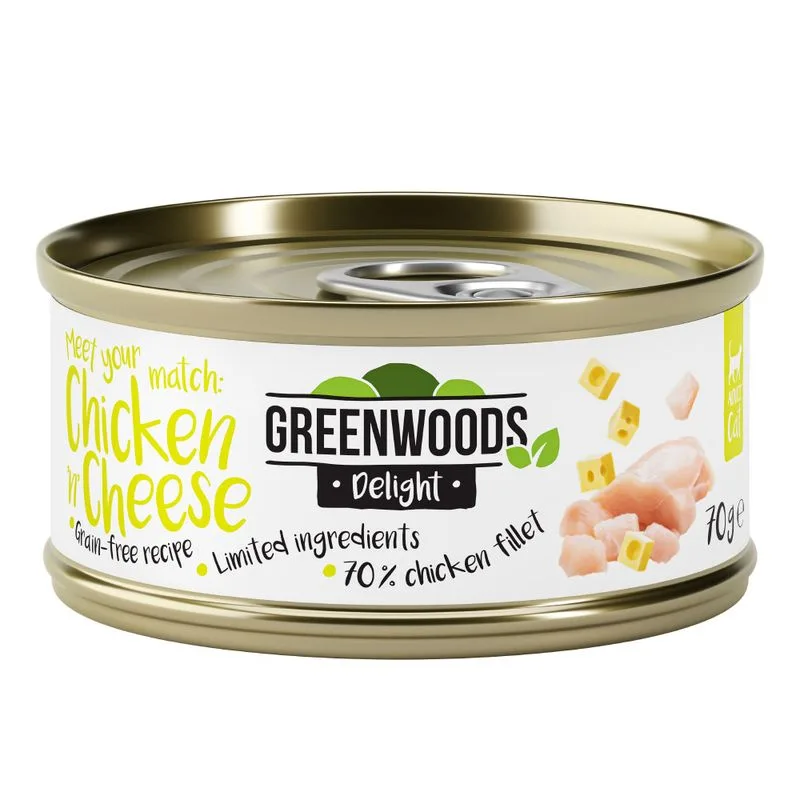 Greenwoods Delight 24 x 70 g Alimento umido per gatto (Filetto di Pollo con Formaggio)