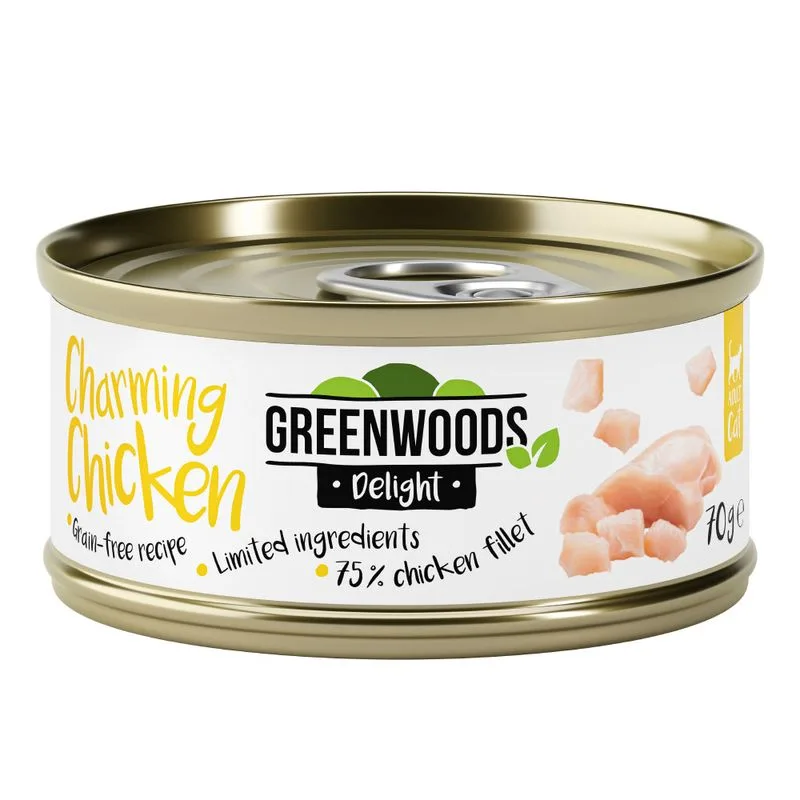 Greenwoods Delight 24 x 70 g Alimento umido per gatto (Filetto di Pollo)