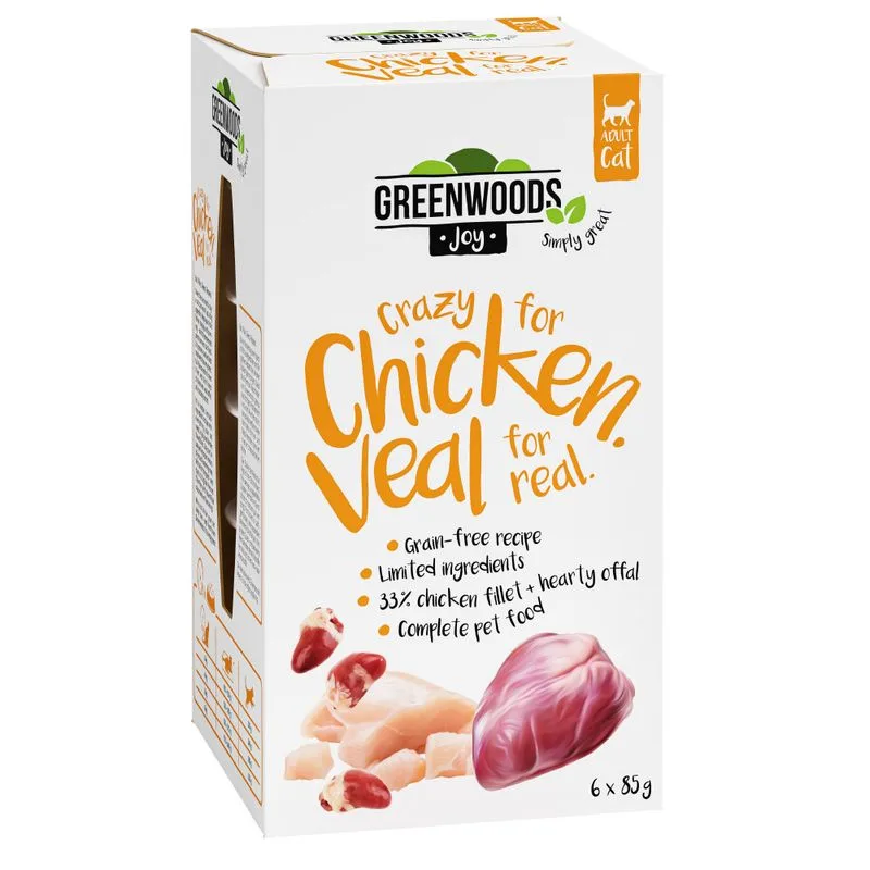 Greenwoods Joy 48 x 85 g Alimento umido per gatto (Filetto di Pollo con Vitello)