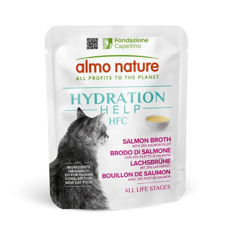 Almo Nature HFC Hydration Help 24 x 50 g Umido per gatto (Brodo di Salmone con Filetto di Salmone)