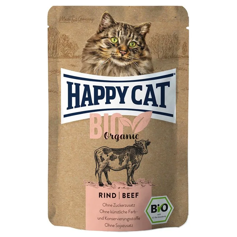 Happy Cat Bio Buste 24 x 85 g Alimento umido per gatti (Manzo bio)