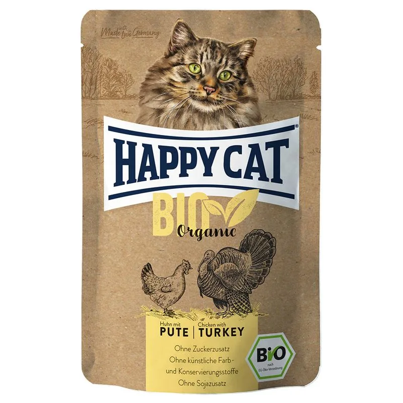 Happy Cat Bio Buste 24 x 85 g Alimento umido per gatti (Pollo bio & Tacchino bio)