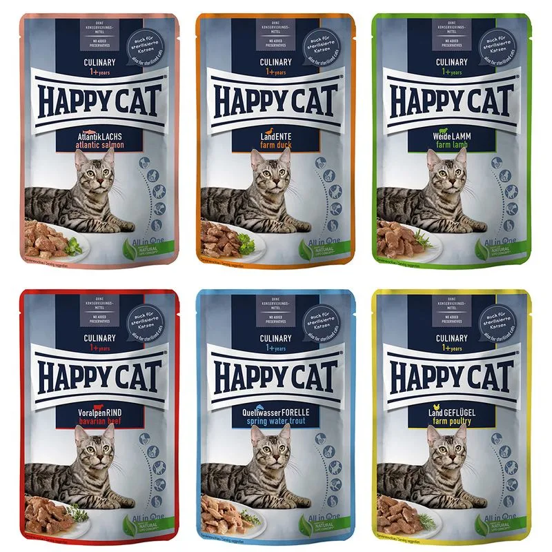 Happy Cat Buste Meat in Salsa 48 x 85 g (Mix 1: Agnello, Salmone, Manzo, Trota, Anatra, Pollame)