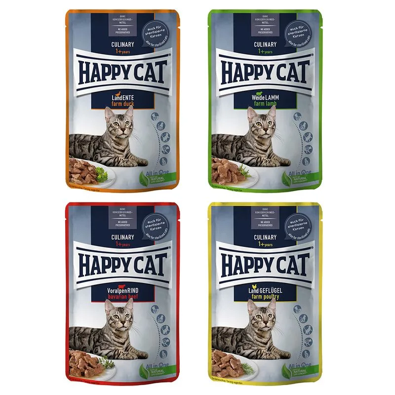 Happy Cat Buste Meat in Salsa 48 x 85 g (Mix 2: Agnello, Manzo, Anatra, Pollame)