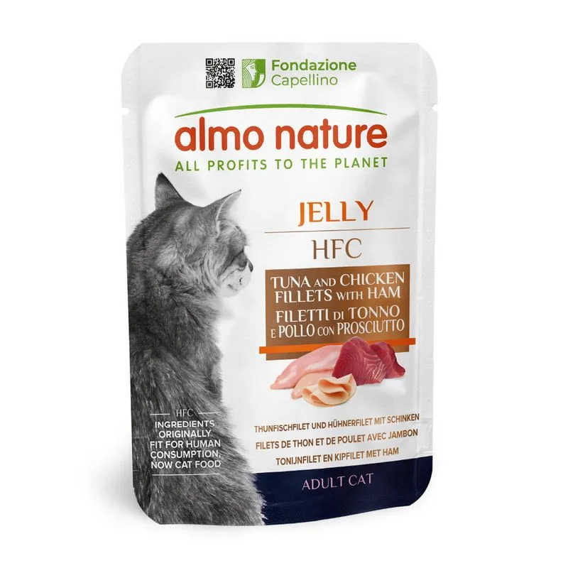 Almo Nature HFC Jelly in buste 12 x 55 g umido per gatto (Tonno, Pollo e Prosciutto)