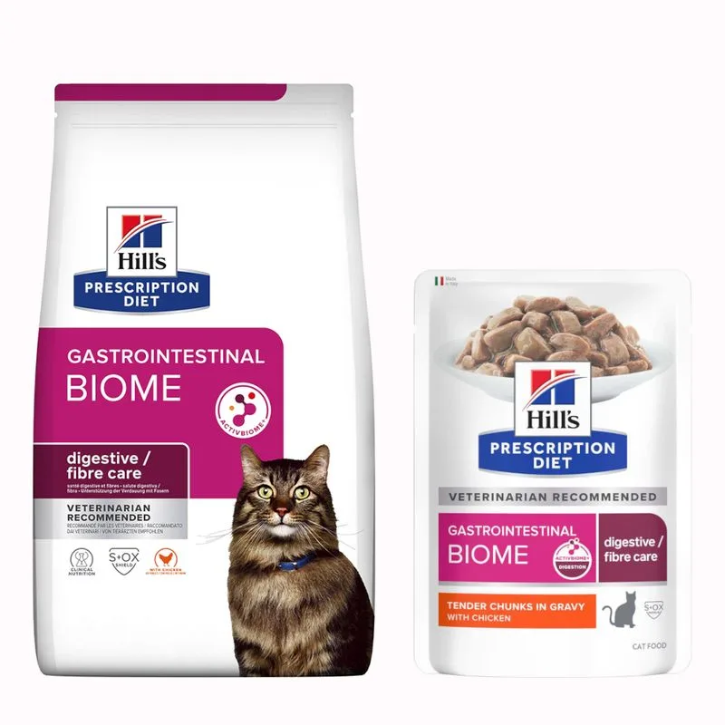 Set prova! Hill's Prescription Diet secco + umido in busta per gatti (Gastrointestinal Biome 1,5 kg + 12 x 85 g umido)
