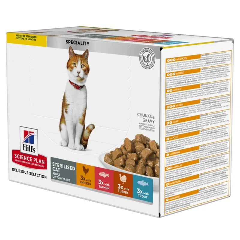 Hill's Science Plan Adult Sterilised Pacco misto umido per gatti (Set %: 48 x 85 g Pollo, Salmone, Tacchino, Trota)