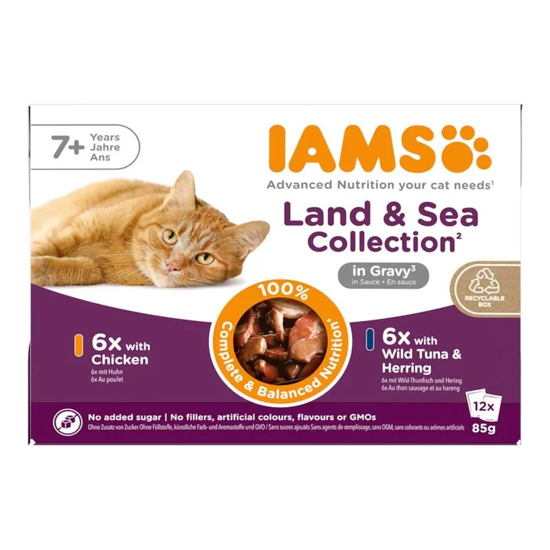 IAMS Advanced Nutrition Senior 7+ Land & Sea Collection in Salsa (Set %: 48 x 85 g Mix 1: 6xPollo/6xTonno & Aringa)