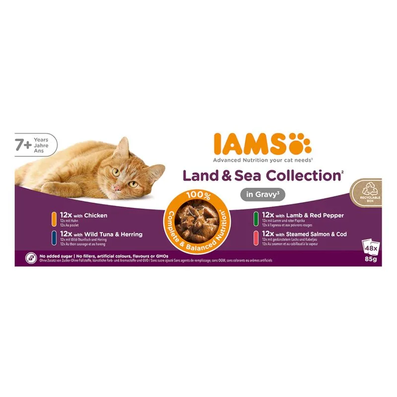 IAMS Advanced Nutrition Senior 7+ Land & Sea Collection in Salsa (Set %: 96 x 85 g Mix 2: 12xPollo/12xTonno/12xAgnello/12xSalmone)