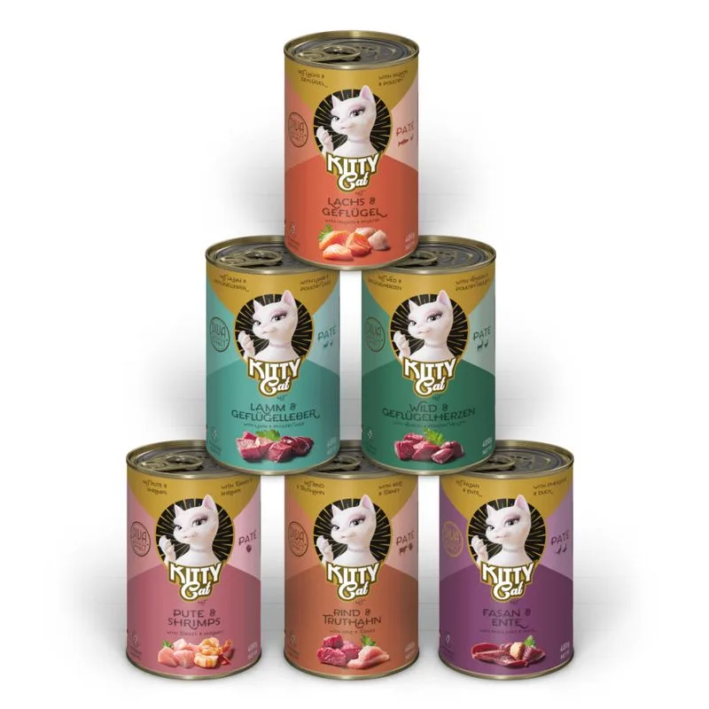 KITTY Cat Adult Paté 6 x 400 g (Mix II (Tacchino & Gamberetti, Manzo & Tacchino, Salmone & Pollame, Selvaggina & Cuori di Pollame, Fagiano & Anatra, Agnello & Fegati di Pollame))