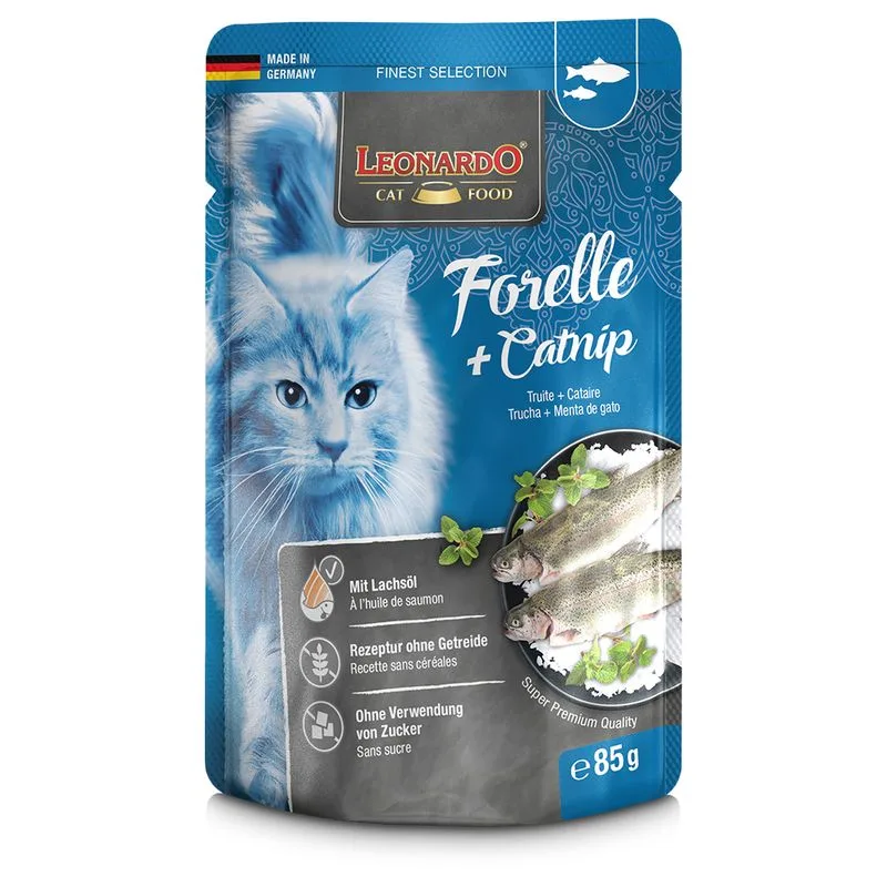 Leonardo Finest Selection Buste 32 x 85 g Alimento umido per gatti (Trota & Catnip)