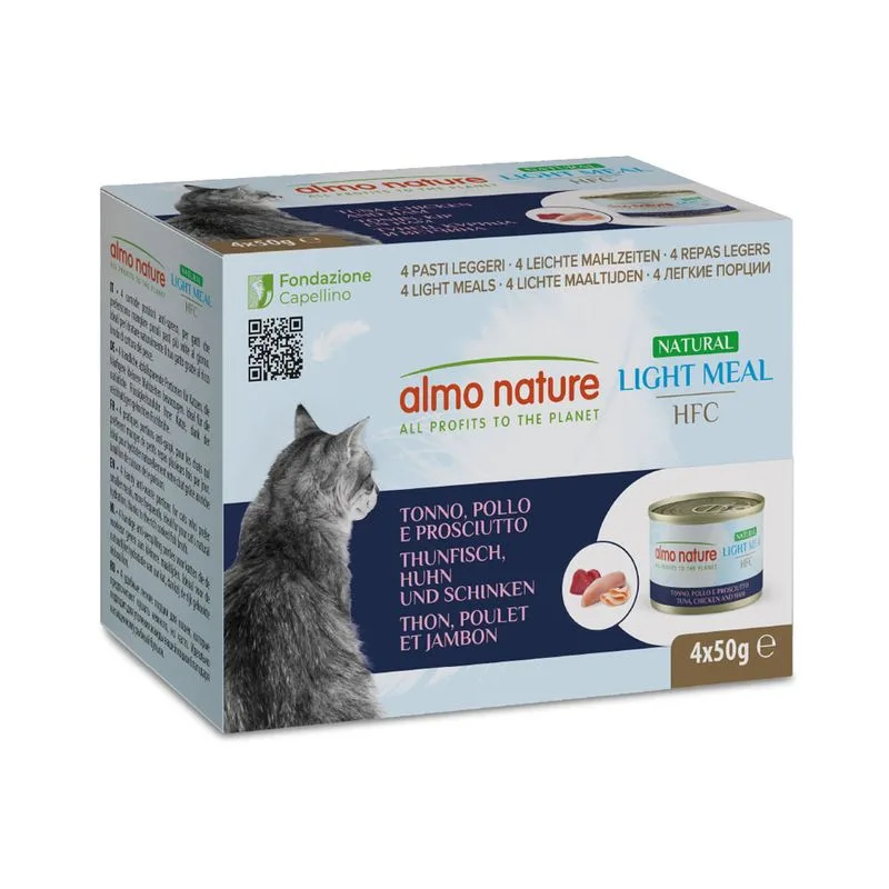 Almo Nature HFC Natural Light 24 x 50 g Alimento umido per gatti (Tonno, Pollo e Prosciutto)