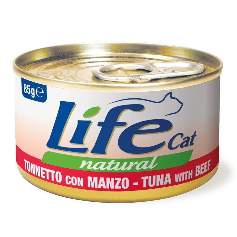LifeCat Natural Adult Alimento umido per gatti 12 x 85 g (Tonnetto con Manzo)
