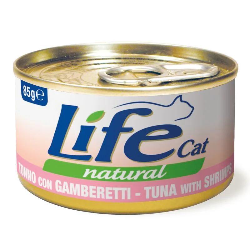 LifeCat Natural Adult Alimento umido per gatti 12 x 85 g (Tonno con Gamberetti)