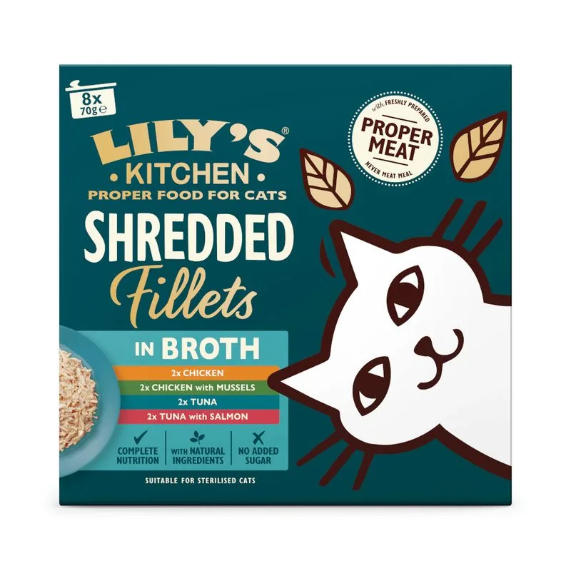 Lily's Kitchen Shredded Fillets per gatti 8 x 70 g (Mix in brodo (2x Pollo , 2x Pollo con Molluschi, 2x Tonno, 2x Tonno con Salmone))