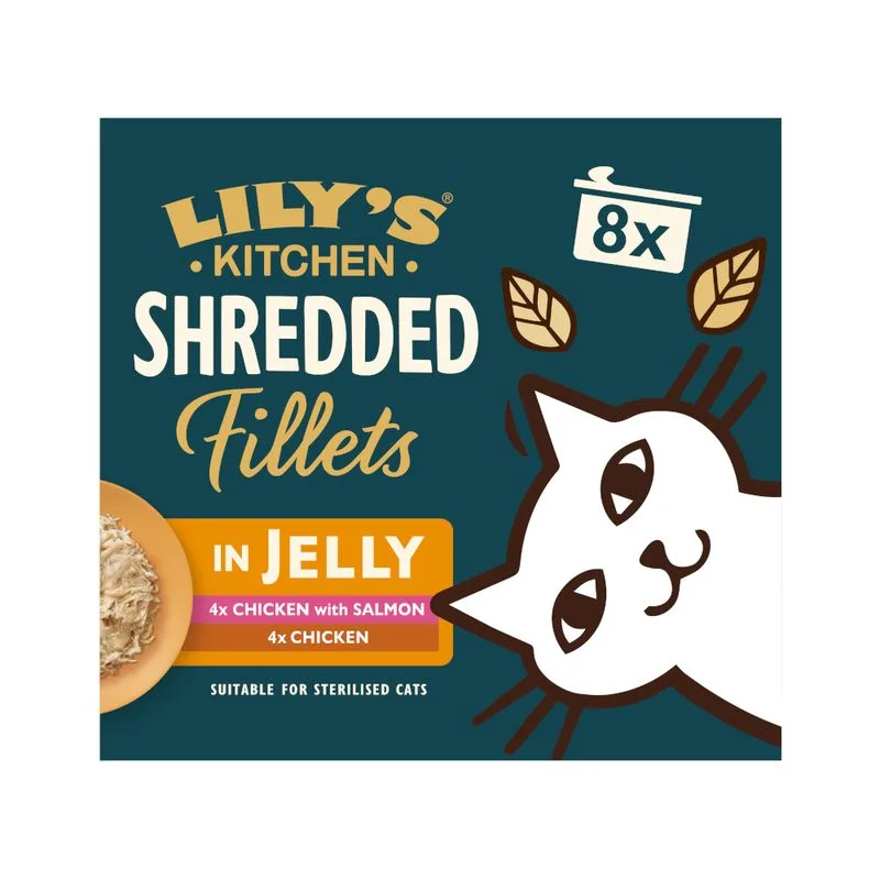 Lily's Kitchen Shredded Fillets per gatti 8 x 70 g (Mix in gelatina (4x Pollo, 4x Pollo con Salmone))