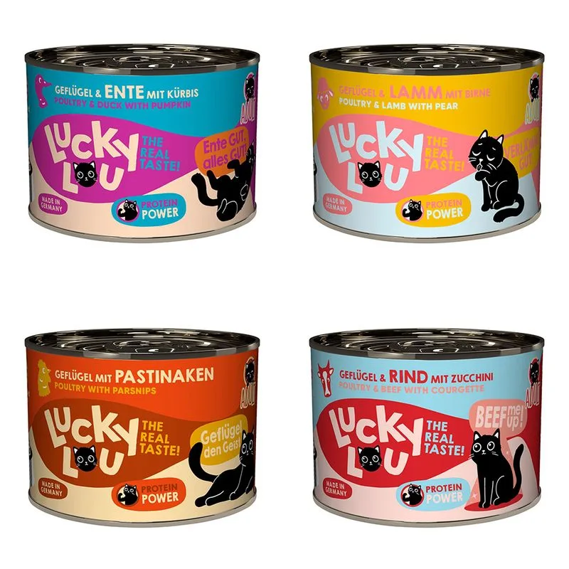 Set prova misto! Lucky Lou Adult 6 x 200 g umido gatto (Mix: 2x Pollame, 2x Pollame & Manzo, 1x Pollame & Agnello, 1x Pollame e Anatra)
