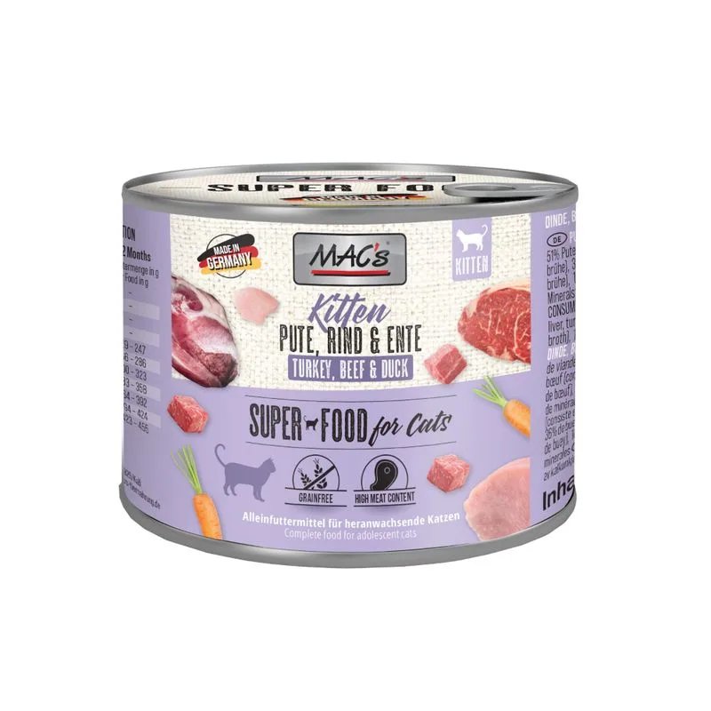 MAC's Cat 24 x 200 g Alimento umido per gatti (Kitten Tacchino, Manzo, Anatra)