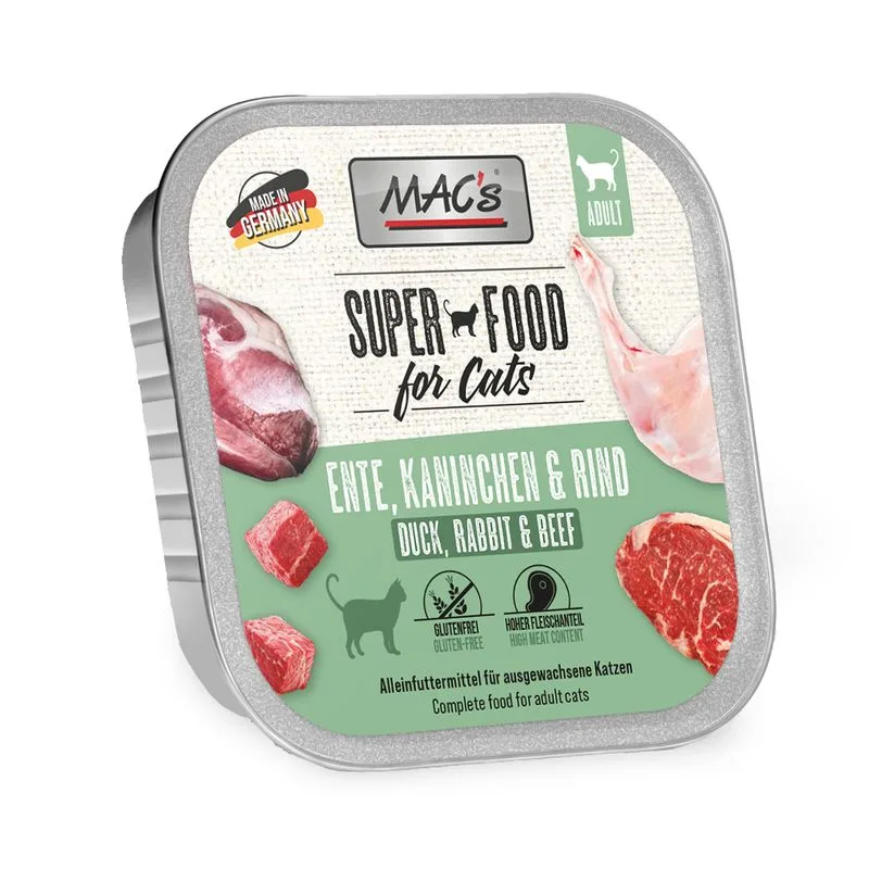 MAC's Cat in vaschetta 64 x 100 g Alimento umido per gatti (Anatra, Coniglio & Manzo)