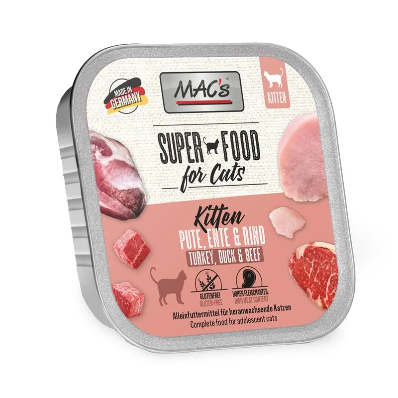 MAC's Cat in vaschetta 64 x 100 g Alimento umido per gatti (Kitten Tacchino, Anatra & Manzo)