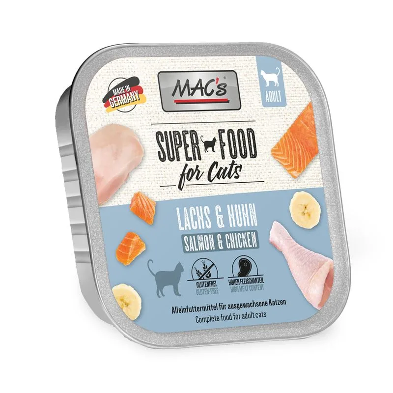 MAC's Cat in vaschetta 64 x 100 g Alimento umido per gatti (Salmone & Pollo)