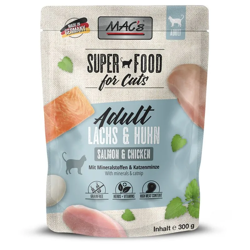MAC´s Superfood Adult 24 x 300 g in buste Umido gatto (Salmone & Pollo)