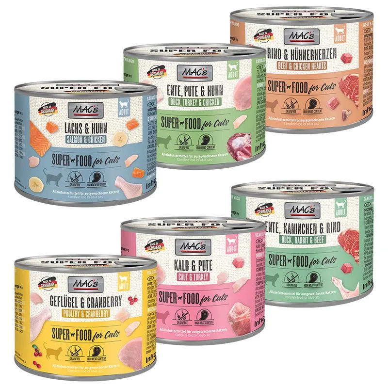 Set prova! MAC's Cat (Set %: 24 x 200 g Mix: 2xPollame, 2xSalmone, 2xVitello, 2xAnatra, 2xManzo, 2xConiglio)