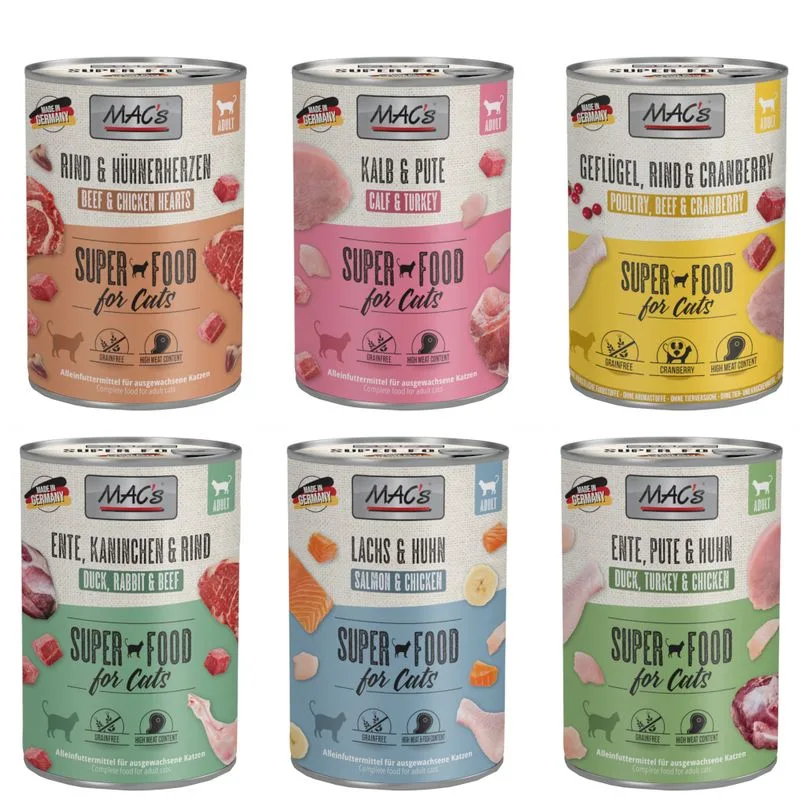 Set prova! MAC's Cat (Set %: 24 x 400 g Mix: Pollame, Salmone, Vitello, Anatra, Manzo, Coniglio)