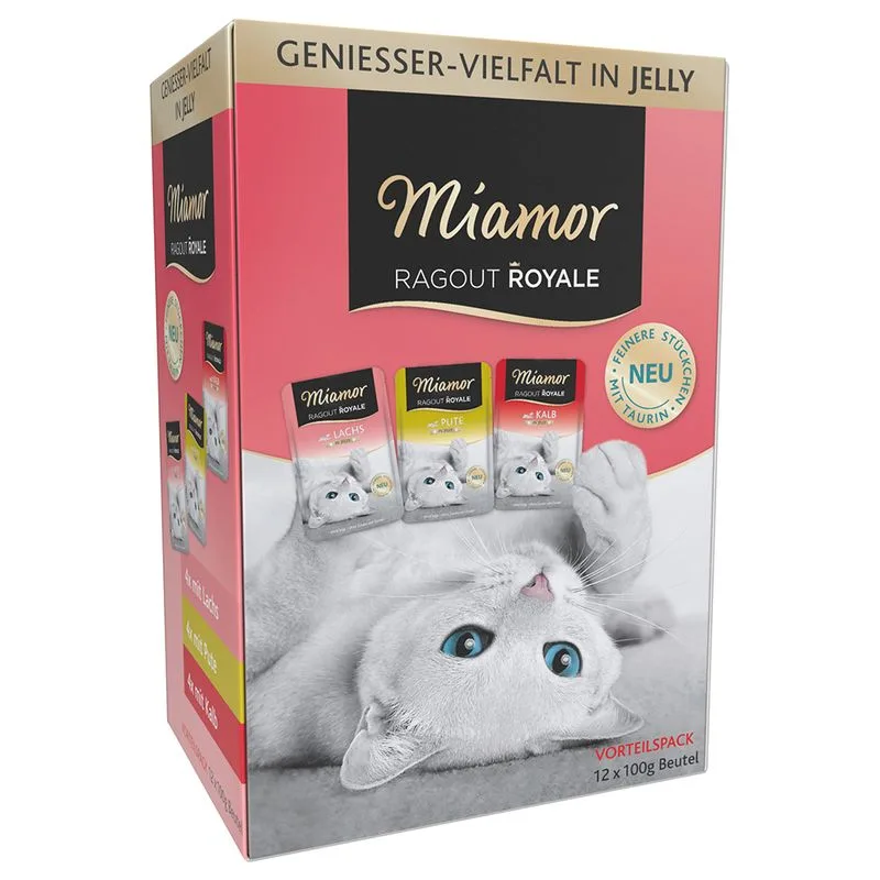 Miamor Ragù Royal Pacco misto 12 x 100 g Alimento umido per gatti (Mix 1 in Gelatina: Tacchino, Salmone, Vitello)