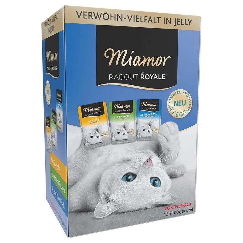 Miamor Ragù Royal Pacco misto 12 x 100 g Alimento umido per gatti (Mix 2 in Gelatina: Coniglio, Pollo, Tonno)