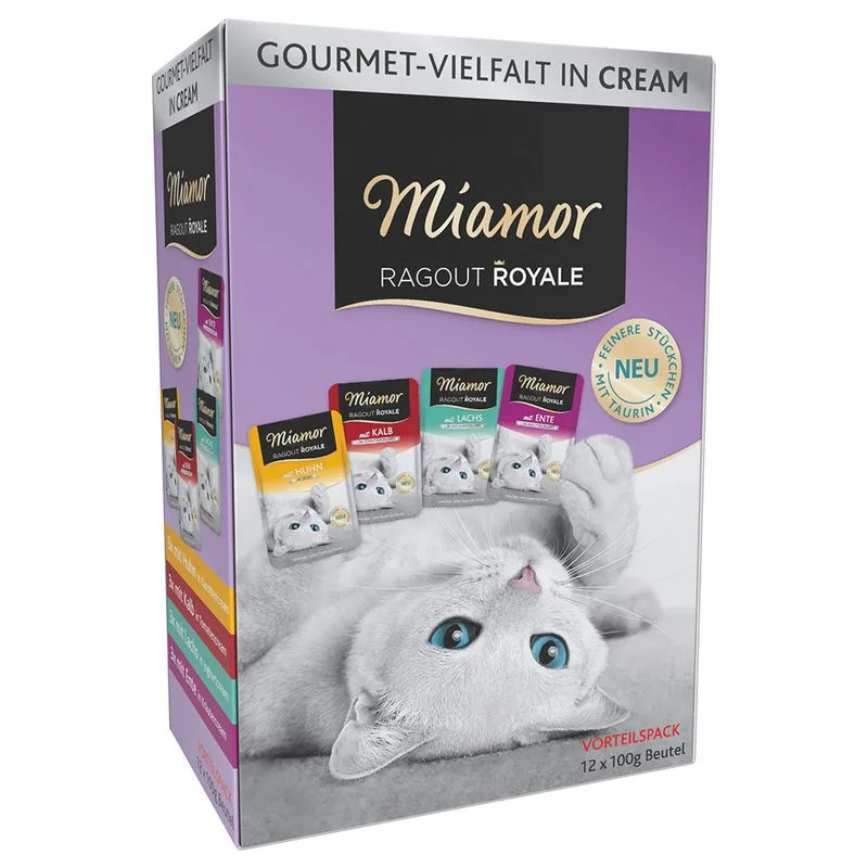 Miamor Ragù Royal Pacco misto 12 x 100 g Alimento umido per gatti (Mix in Crema: Pollo, Vitello, Anatra, Salmone)