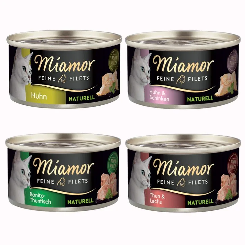 Set prova misto! Miamor Delicato Filetto Naturale 12 x 80 g (Mix 2: Pollo, Pollo & Prosciutto, Tonno Bonito, Tonno & Salmone)