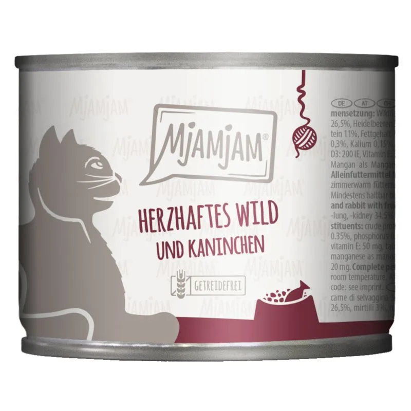MjAMjAM 24 x 200 g umido per gatto (Selvaggina, Coniglio & Mirtilli)