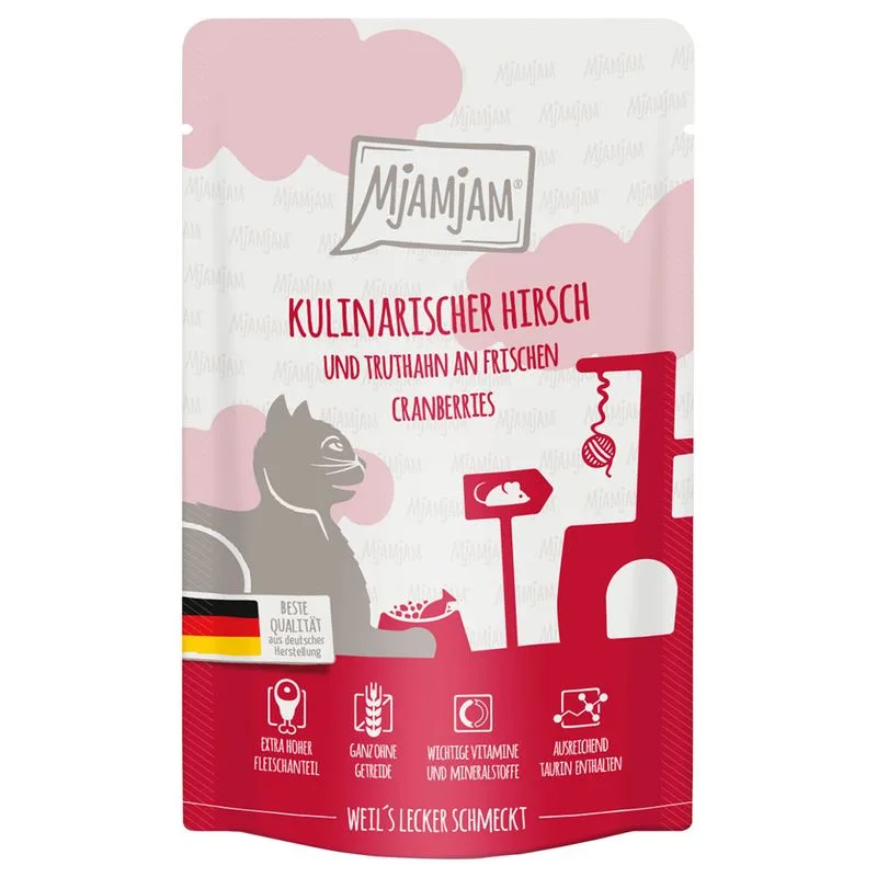 MjAMjAM Buste 24 x 125 g umido gatto (Cervo, Tacchino & Mirtilli)