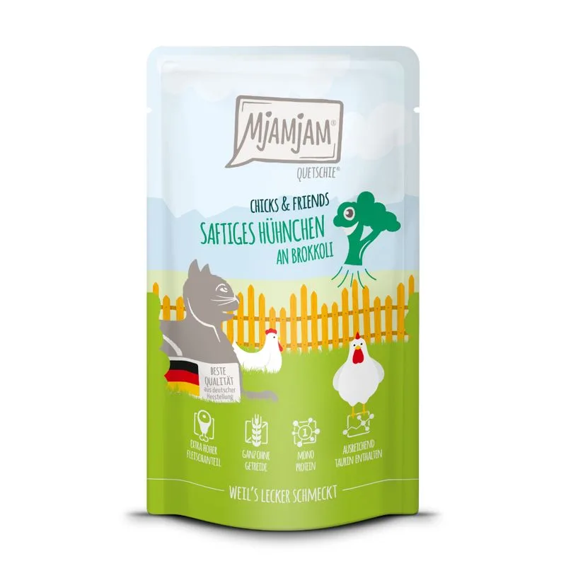 MjAMjAM Buste 24 x 125 g umido gatto (Chicks & Friends: Pollo & Broccoli)