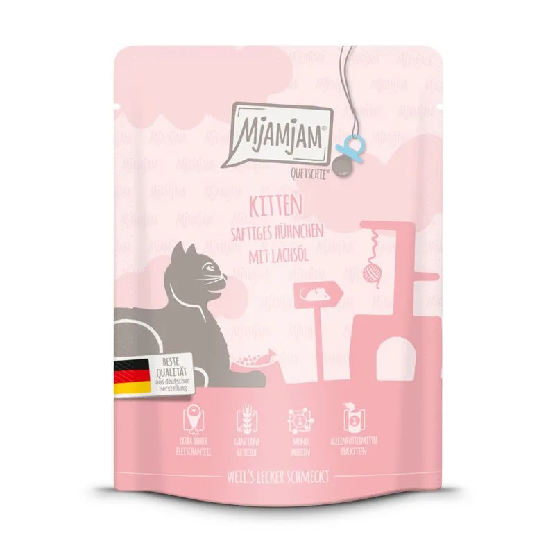 MjAMjAM Buste 24 x 300 g umido gatto (Pollo con olio di Salmone per kitten)