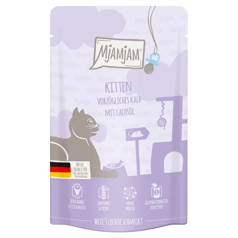 MjAMjAM Buste Kitten 12 x 125 g umido gatto (Vitello & Olio di Salmone)