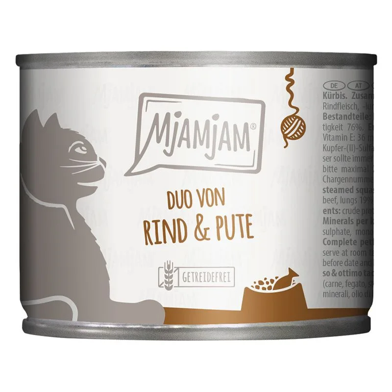 MjAMjAM Duo 6 x 200 g umido gatto (Manzo & Tacchino con Zucca al vapore)