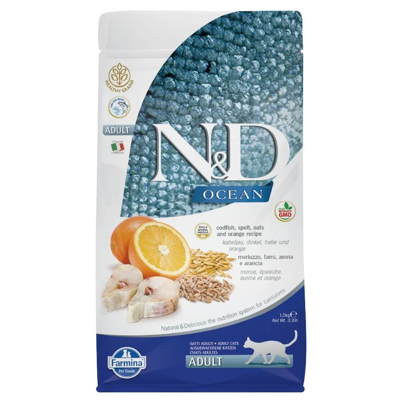 2 x 1,5 kg Farmina N&D (Ocean Low Grain Adult Cat Merluzzo e Arancia)