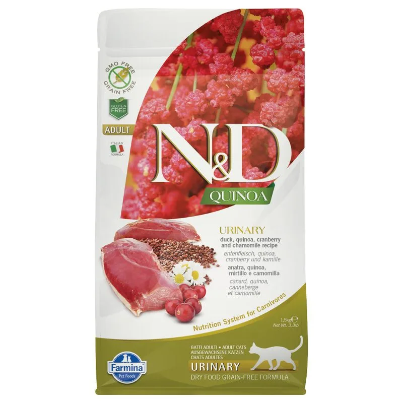 Farmina N&D Quinoa Cat Urinary Anatra, Quinoa, Mirtillo rosso e Camomilla (Set %: 2 x 1,5 kg)