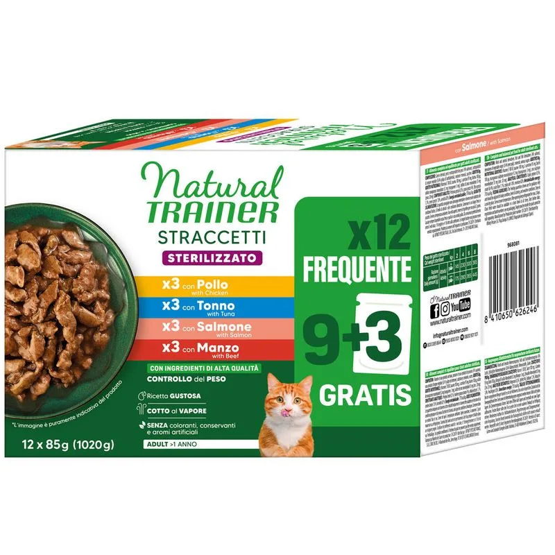 Natural Trainer Adult Sterilised Straccetti in Salsa 24 x 85 g (Mix: 6x Pollo, 6x Manzo, 6x Salmone, 6x Tonno)