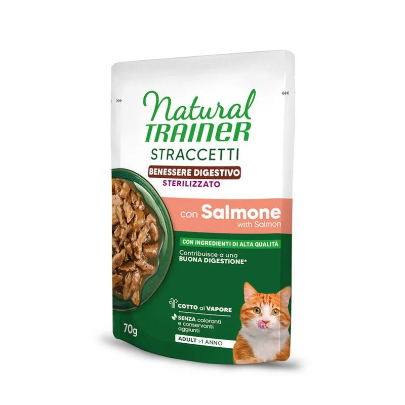 Natural Trainer Sterilised Benessere digestivo Straccetti in salsa (Set %: 56 x 70 g con Salmone)