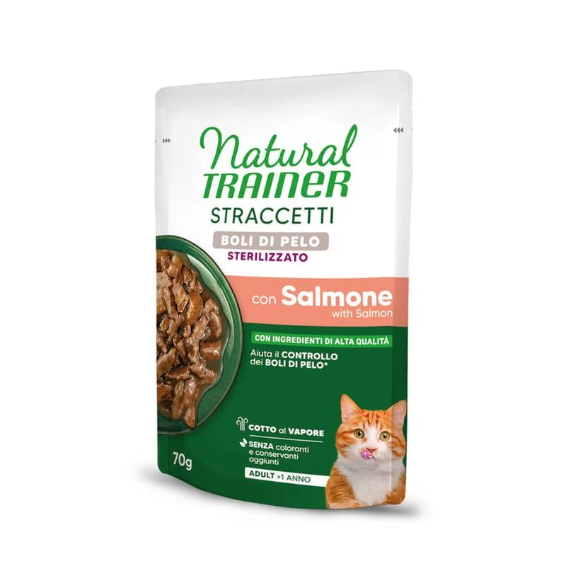 Natural Trainer Sterilised Boli di pelo Straccetti in salsa (Set %: 56 x 70 g con Salmone)