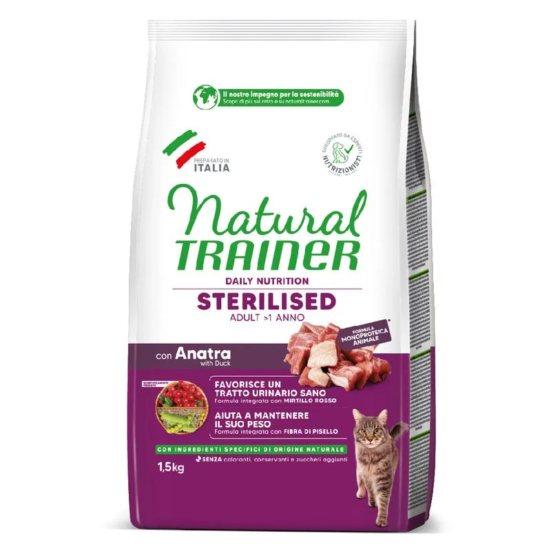Natural Trainer Sterilised con Anatra Crocchette per gatto