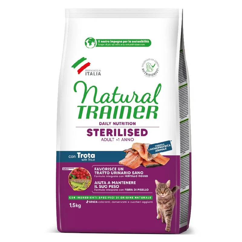 Natural Trainer Sterilised con Trota Crocchette per gatto (Set %: 2 x 1,5 kg)
