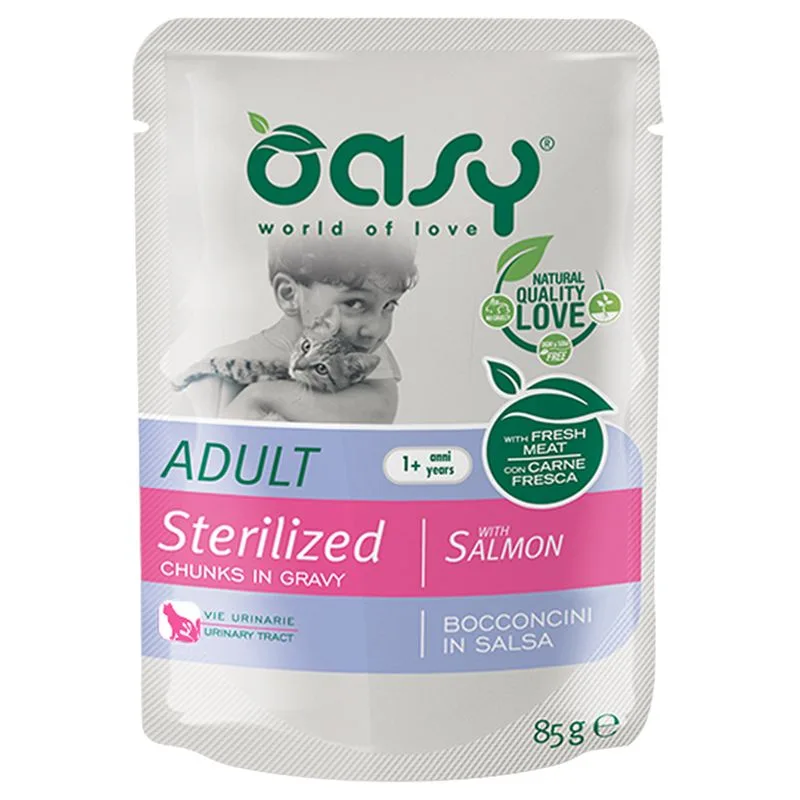 Oasy Adult Sterilised Bocconcini in Salsa Buste 12 x 85 g umido gatto (Salmone)